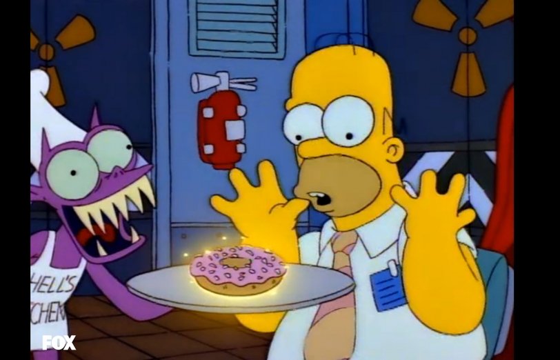 Homer Simpson looks at a donut as it glows